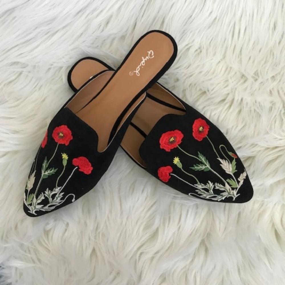 Black embroidered mules